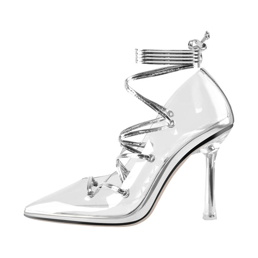 Pointed Toe Lace-Up Transparent Stilettos Pumps - Onlymaker Value