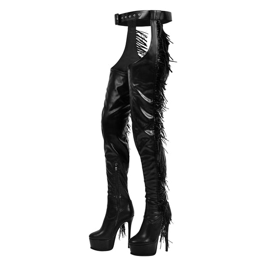 Black Side Fringe Stiletto Heeled Pant Boots - Onlymaker Quality