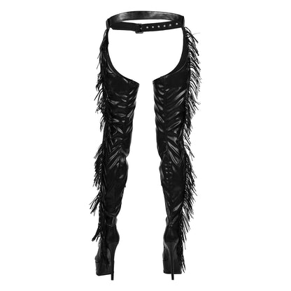 Black Side Fringe Stiletto Heeled Pant Boots - Onlymaker Quality