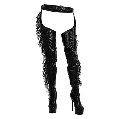 Black Side Fringe Stiletto Heeled Pant Boots - Onlymaker Quality