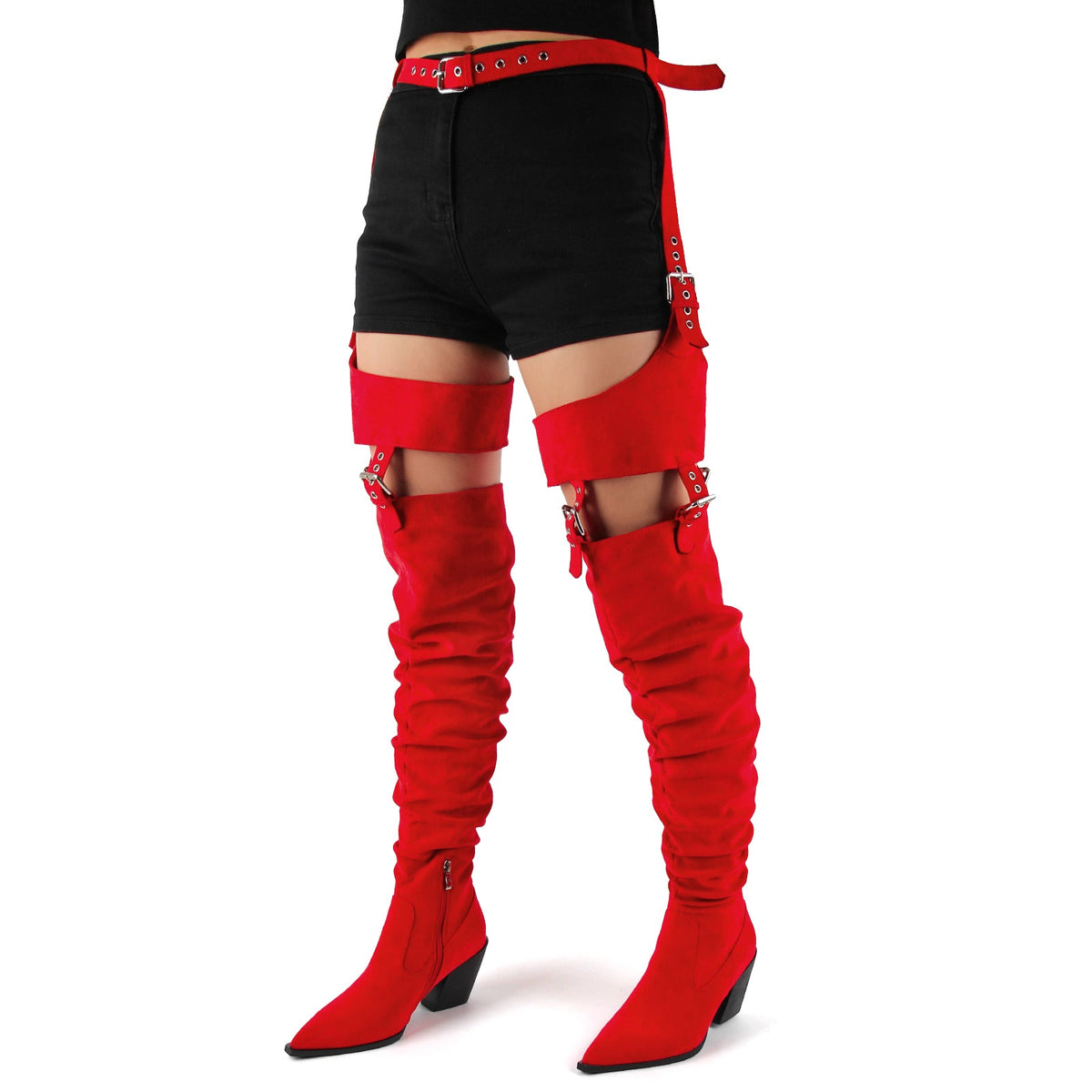 Suede Pleated Multi Buckle Chunky Heel Pant Boots - Onlymaker Essential