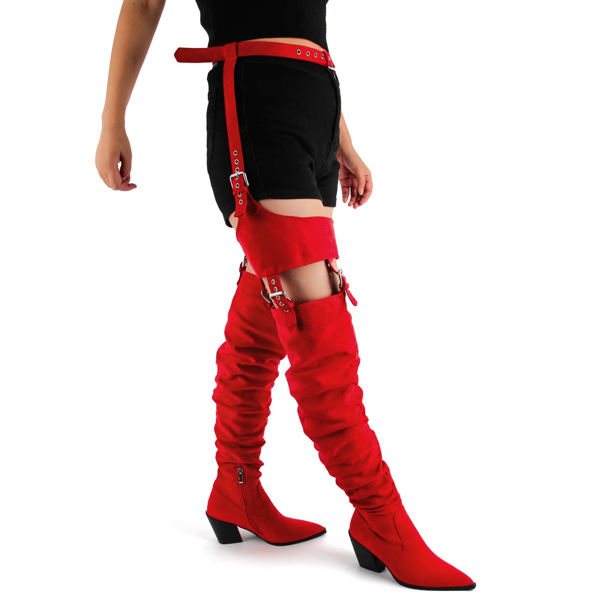 Suede Pleated Multi Buckle Chunky Heel Pant Boots - Onlymaker Essential