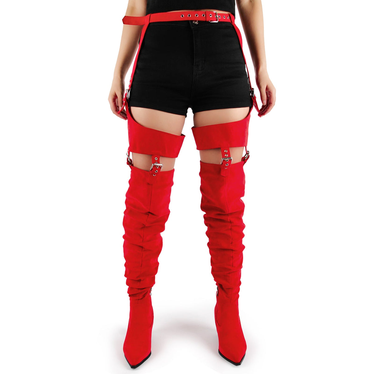 Suede Pleated Multi Buckle Chunky Heel Pant Boots - Onlymaker Essential
