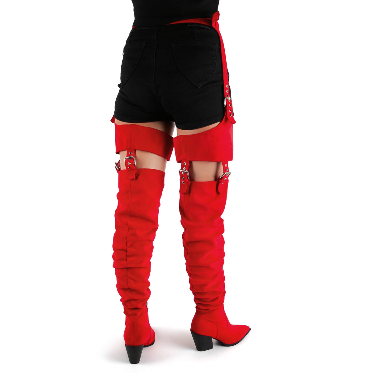 Suede Pleated Multi Buckle Chunky Heel Pant Boots - Onlymaker Essential