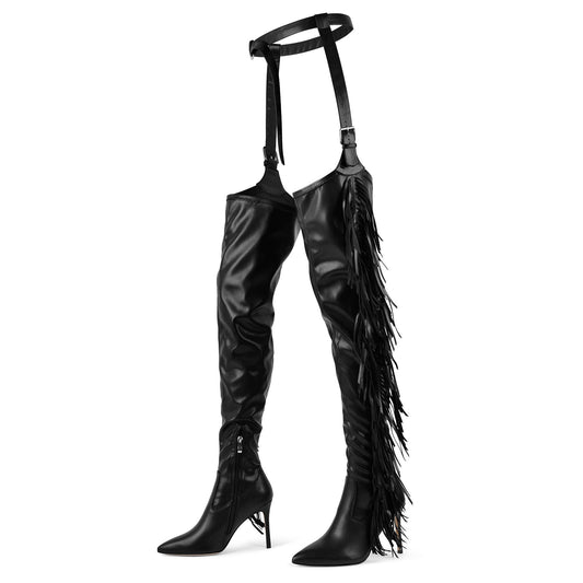 Pointed Toe Fringe Stiletto Pant Boots - Onlymaker New