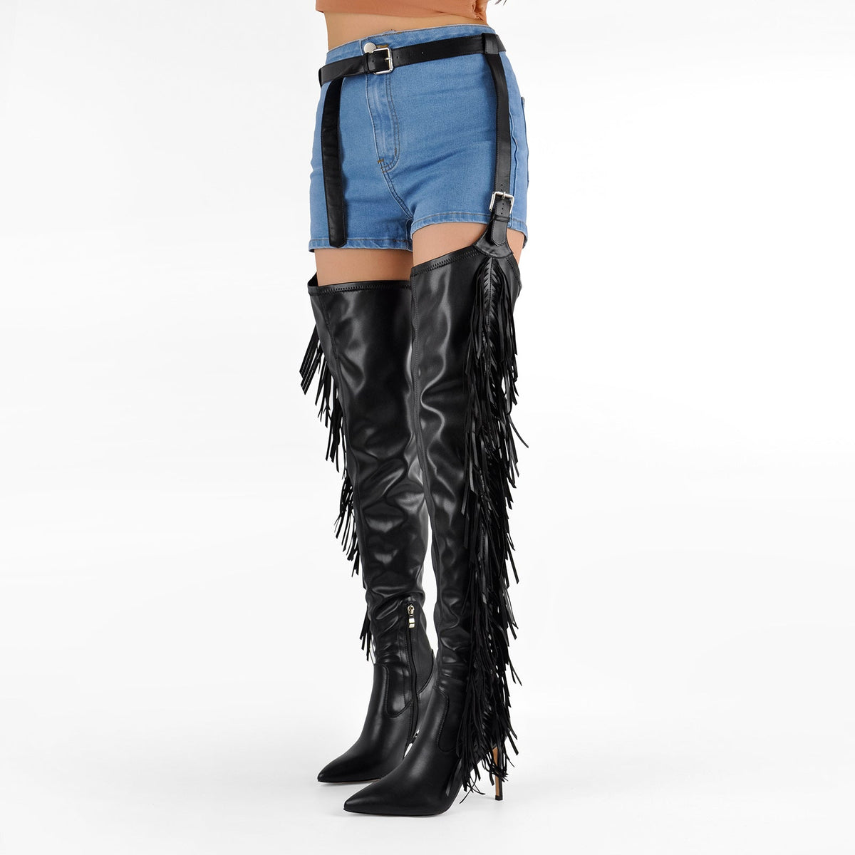 Pointed Toe Fringe Stiletto Pant Boots - Onlymaker New