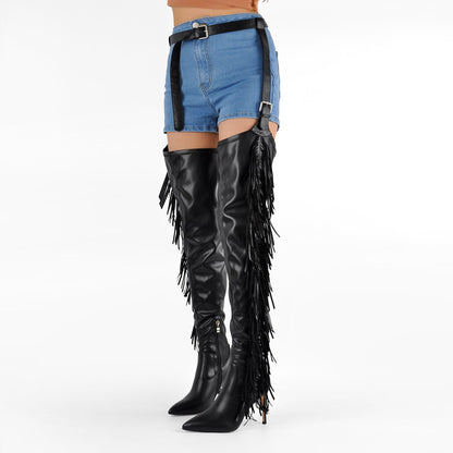 Pointed Toe Fringe Stiletto Pant Boots - Onlymaker New