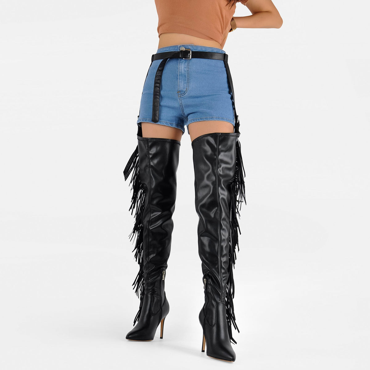 Pointed Toe Fringe Stiletto Pant Boots - Onlymaker New