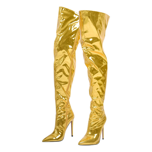 Metallic Pointed Toe Stiletto Over The Knee Boots - Onlymaker Value