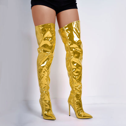 Metallic Pointed Toe Stiletto Over The Knee Boots - Onlymaker Value