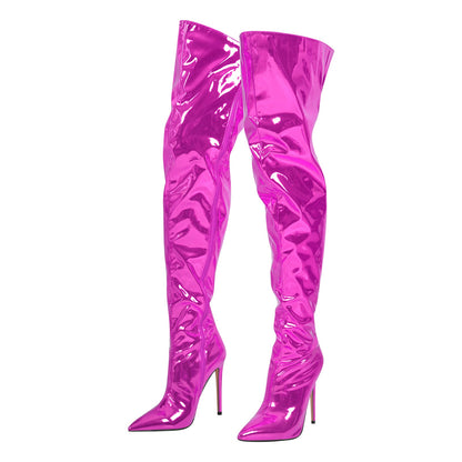 Metallic Pointed Toe Stiletto Over The Knee Boots - Onlymaker Value
