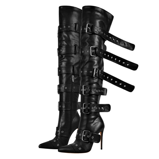 Multi Buckle Strap Thigh High Pointed Toe Stiletto Boots - Onlymaker Latest