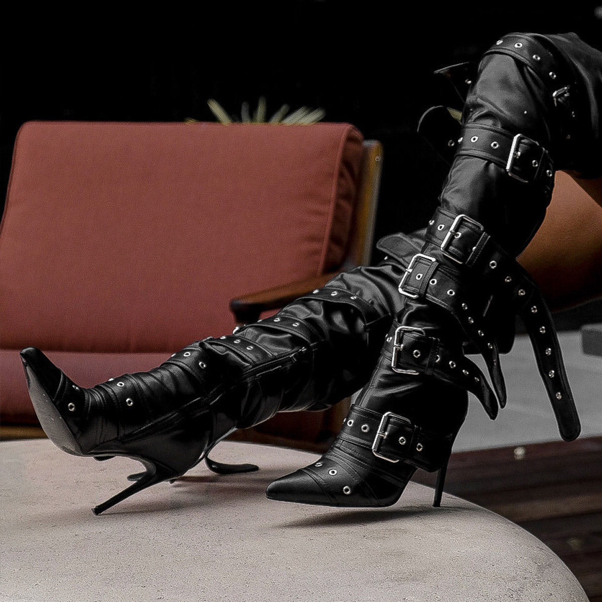 Multi Buckle Strap Thigh High Pointed Toe Stiletto Boots - Onlymaker Latest