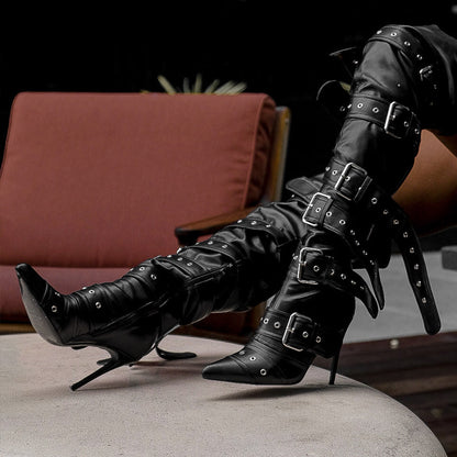 Multi Buckle Strap Thigh High Pointed Toe Stiletto Boots - Onlymaker Latest