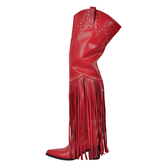 Chunky Heel Fringe Over The Knee Boots - Onlymaker Special Offer