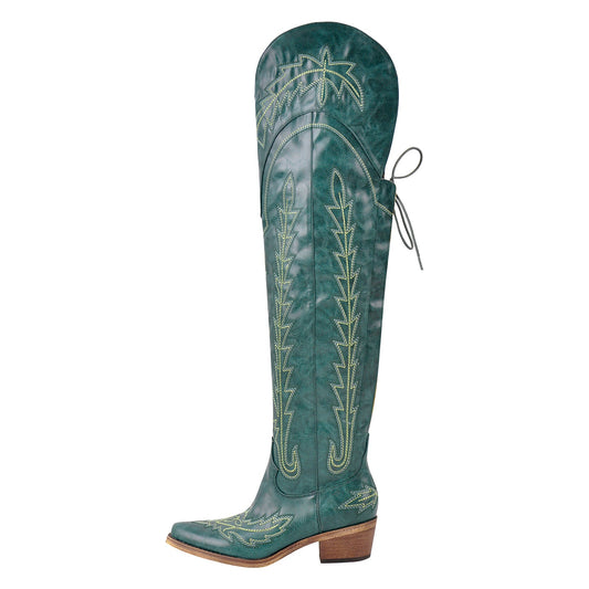 Embroidery Back Lace-up Over The Knee Western Boots - Onlymaker Recommended