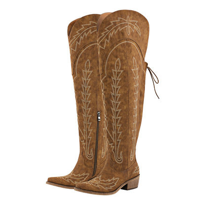 Embroidery Back Lace-up Over The Knee Western Boots - Onlymaker Recommended