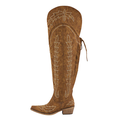 Embroidery Back Lace-up Over The Knee Western Boots - Onlymaker Recommended
