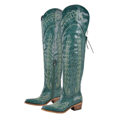Embroidery Back Lace-up Over The Knee Western Boots - Onlymaker Recommended