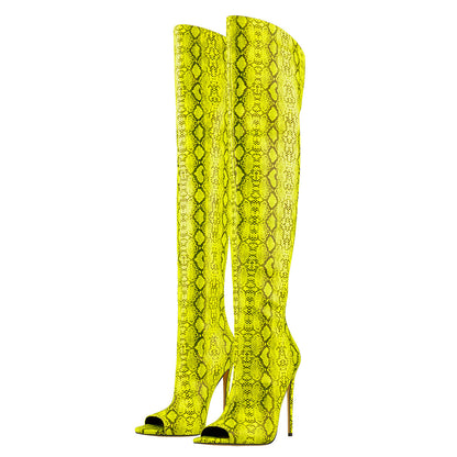 Open Toe Snake Fluorescent Color Stiletto High Heel Over The Knee Boot - Onlymaker Premium