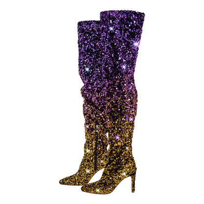 Sequins Gradient Color Pointed Toe Thigh High Stiletto Boots - Onlymaker Sale
