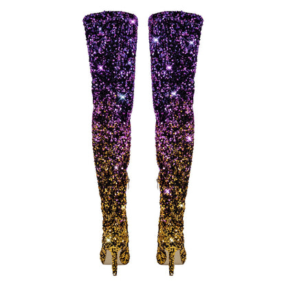 Sequins Gradient Color Pointed Toe Thigh High Stiletto Boots - Onlymaker Sale