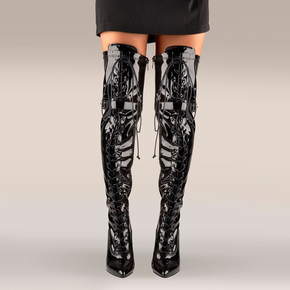 Patent Leather Lace up Over the Knee Motorcycle Boots - Onlymaker New