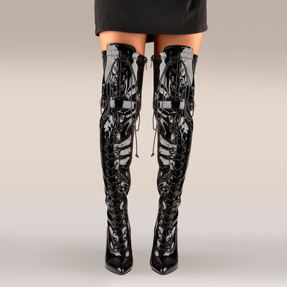 Patent Leather Lace up Over the Knee Motorcycle Boots - Onlymaker New