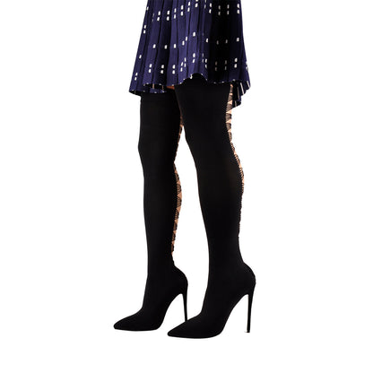 Thigh High Pointy Toe Stiletto Stretch Back Hollow Out Stocking Bootie - Onlymaker Sale