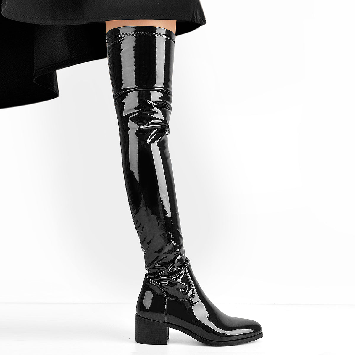 Black Patent Leather Over The Knee Boots - Onlymaker Top Pick