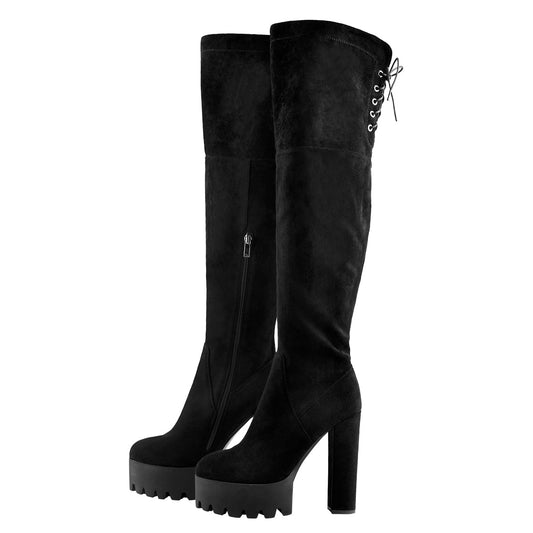 Faux Suede Lace Up Round Toe Thigh High Winter Bootie - Onlymaker Best Seller