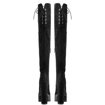 Faux Suede Lace Up Round Toe Thigh High Winter Bootie - Onlymaker Best Seller