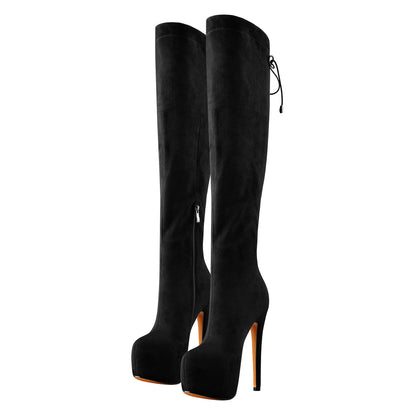 Black Suede Round Toe Platform Over The Knee Boots - Onlymaker Discount