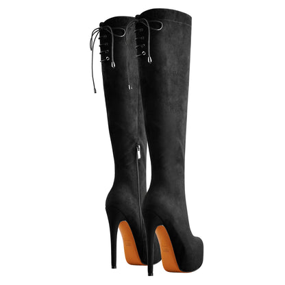Black Suede Round Toe Platform Over The Knee Boots - Onlymaker Discount