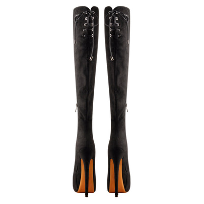 Black Suede Round Toe Platform Over The Knee Boots - Onlymaker Discount