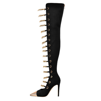 Metal Chain Pointed Toe Over The Knee High Boots - Onlymaker Popular