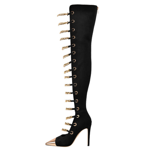 Metal Chain Pointed Toe Over The Knee High Boots - Onlymaker Popular