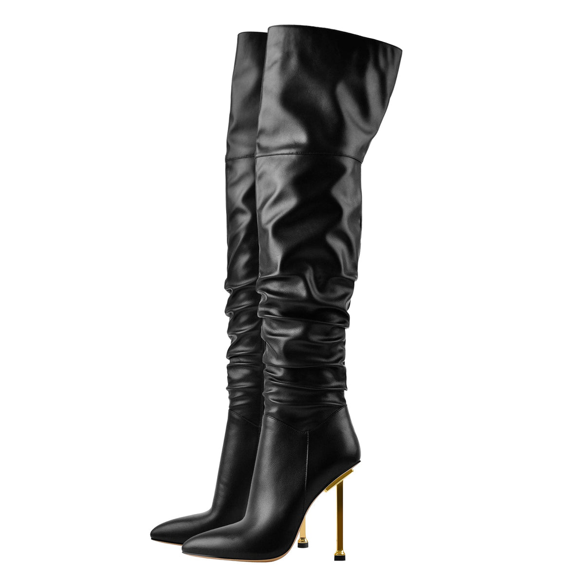 Pointed Toe Matte Black Metal Heels Stiletto Thigh Boots - Onlymaker Popular