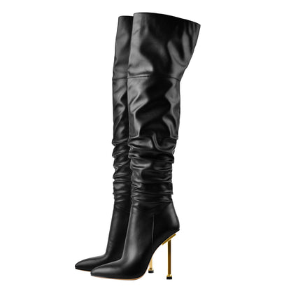 Pointed Toe Matte Black Metal Heels Stiletto Thigh Boots - Onlymaker Popular