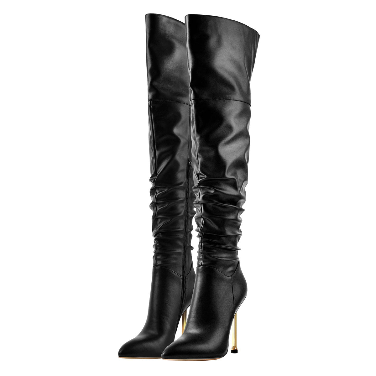 Pointed Toe Matte Black Metal Heels Stiletto Thigh Boots - Onlymaker Popular