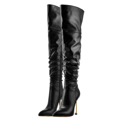 Pointed Toe Matte Black Metal Heels Stiletto Thigh Boots - Onlymaker Popular