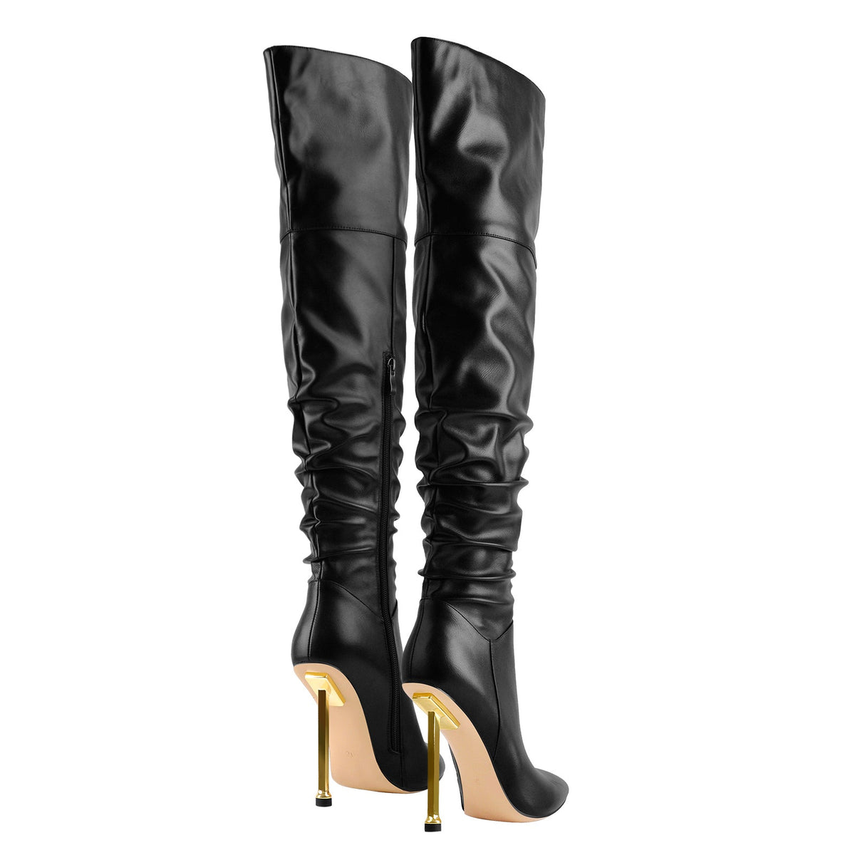 Pointed Toe Matte Black Metal Heels Stiletto Thigh Boots - Onlymaker Popular