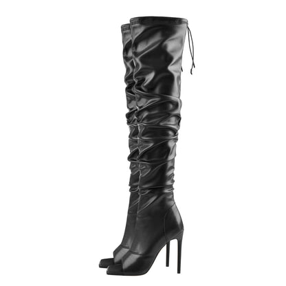 Black Open Square Toe Over The Knee Stiletto Zipper Boots - Onlymaker Featured