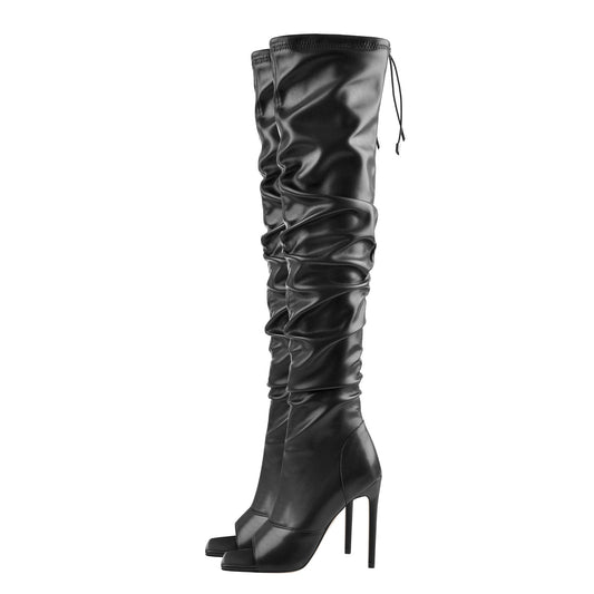 Black Open Square Toe Over The Knee Stiletto Zipper Boots - Onlymaker Featured