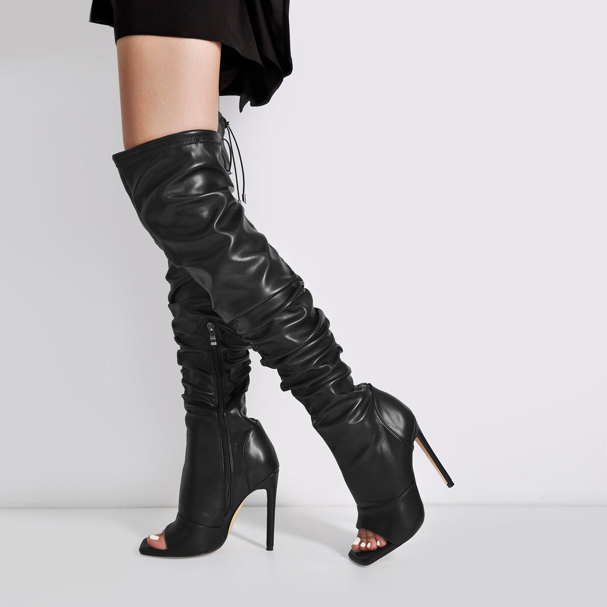 Black Open Square Toe Over The Knee Stiletto Zipper Boots - Onlymaker Featured