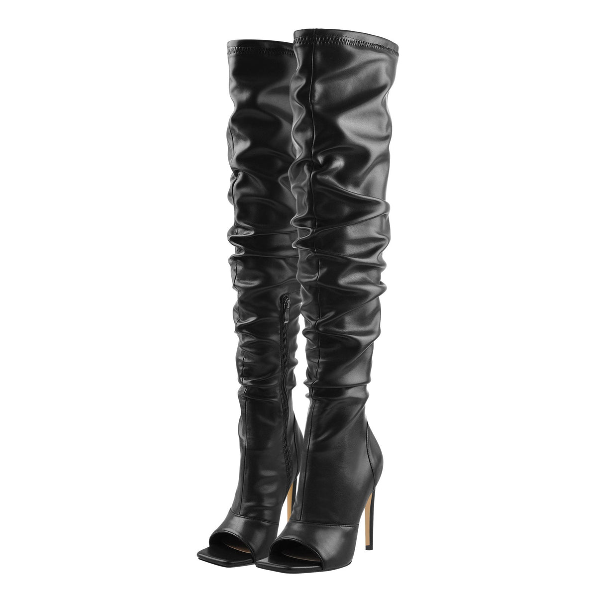 Black Open Square Toe Over The Knee Stiletto Zipper Boots - Onlymaker Featured