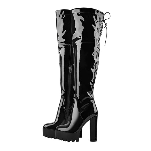 Patent Black Platform Lace Up Chunky Heels Thigh Boots - Onlymaker Value
