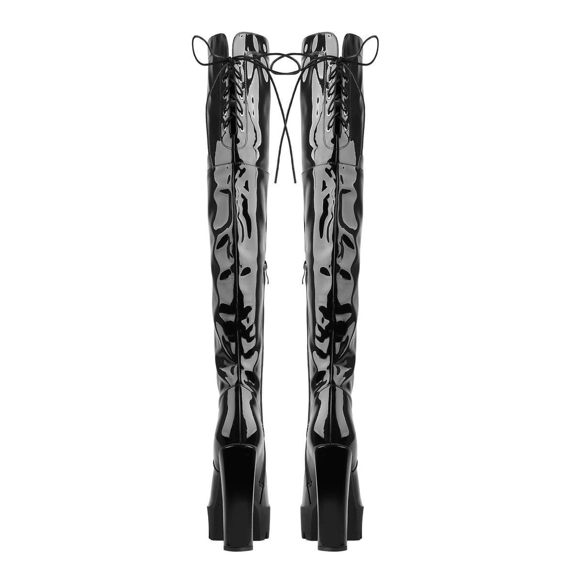Patent Black Platform Lace Up Chunky Heels Thigh Boots - Onlymaker Value