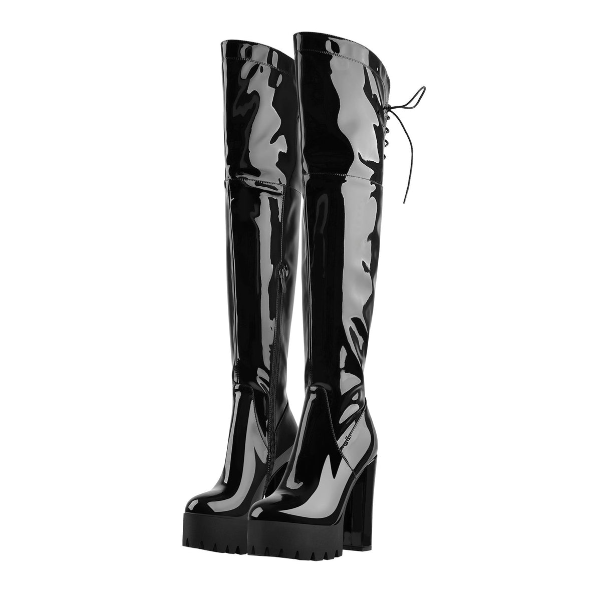 Patent Black Platform Lace Up Chunky Heels Thigh Boots - Onlymaker Value