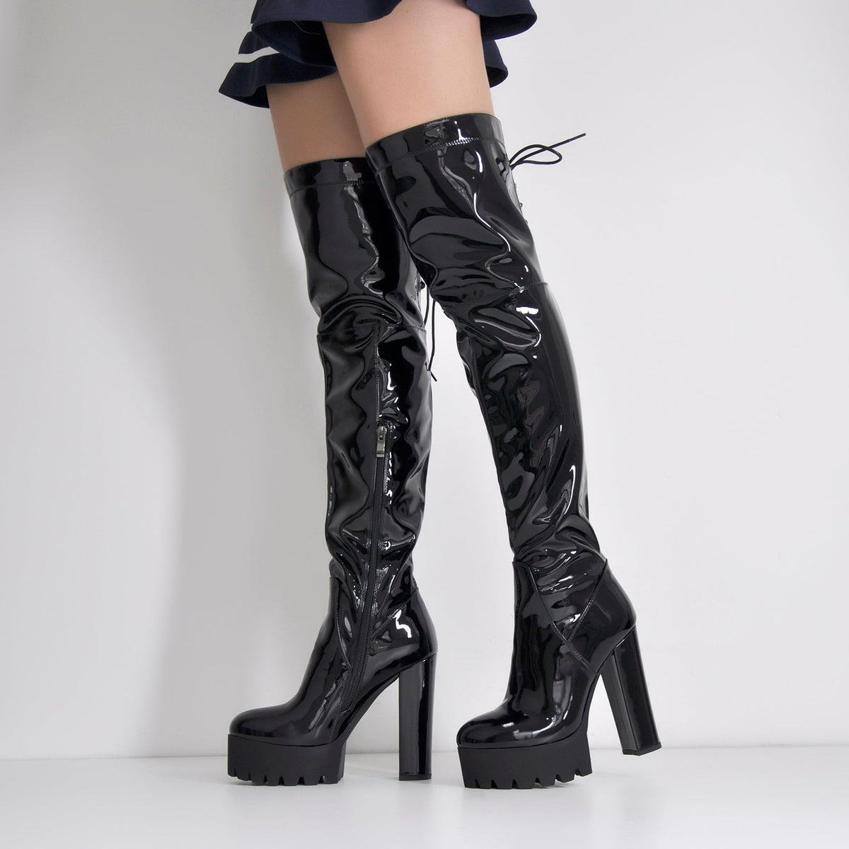 Patent Black Platform Lace Up Chunky Heels Thigh Boots - Onlymaker Value